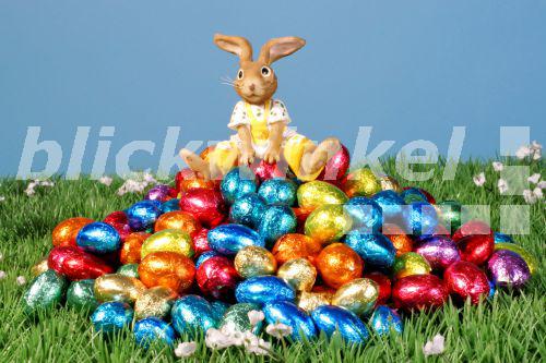 blickwinkel Osterhase sitzt auf Ostereiern Easter blickwinkel Osterhase sitzt auf Ostereiern Easter