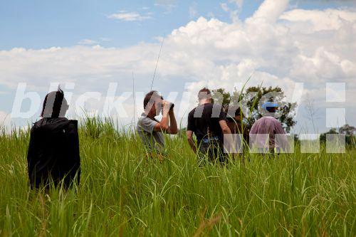 blickwinkel Touristengruppe laeuft durch hohes Gras im 'Parc de la